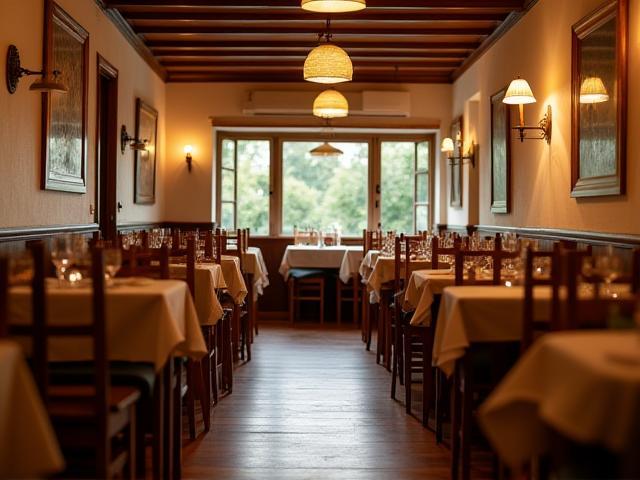 Cozy interior of Die Goldene Gabel restaurant with tables and chairs