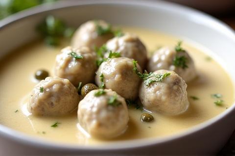 Bowl of Königsberger Klopse in creamy caper sauce