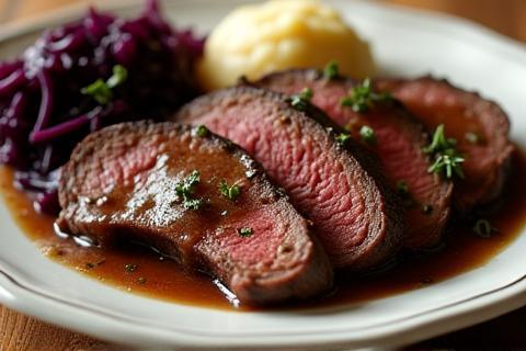 Plate of Sauerbraten with red cabbage and potato dumplings