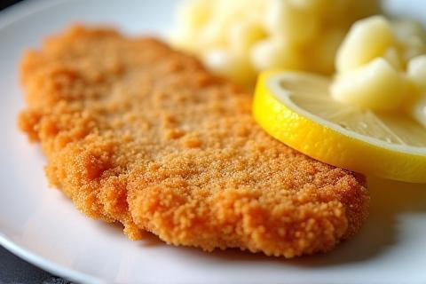 Classic Wiener Schnitzel with lemon wedge and potato salad