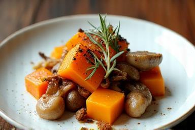 Autumnal dish featuring pumpkin and mushrooms on a plate