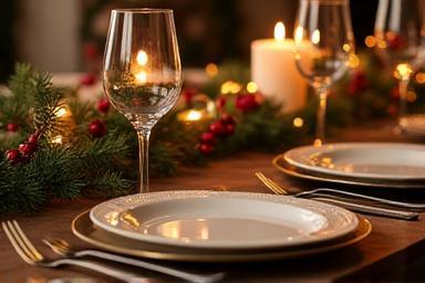Festive Christmas table setting with decorations, candles, and plates