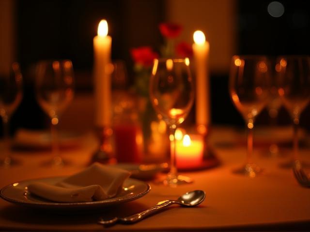 Candlelit table setting with wine glasses and a centerpiece, creating a romantic atmosphere