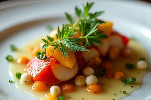 Close-up of a beautifully plated starter dish with fresh herbs