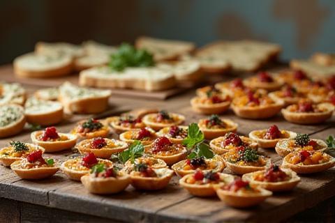 Appetizer selection on a rustic wooden table, featuring small bites and bread