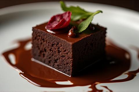 Decadent chocolate dessert plate with garnish and sauce