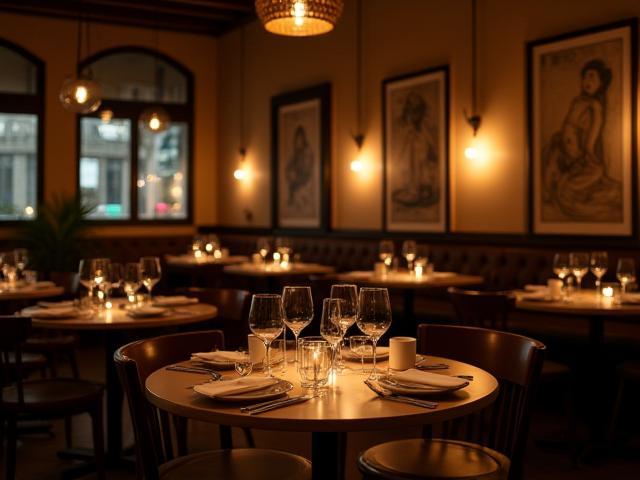 View of restaurant seating area with elegant table settings and soft lighting