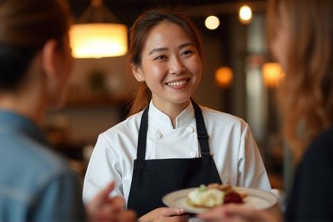 Friendly restaurant staff member serving a customer