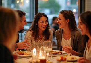 People enjoying a meal at a table in a restaurant